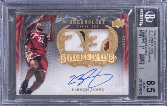 2007/08 Upper Deck NBA Chronology "Stitches In Time" Patches Autographs #SIT-LJ LeBron James Signed Patch Card (#14/35) - BGS NM-MT+ 8.5/BGS 10